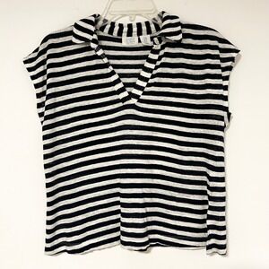 Sigrid Olsen Womens Medium 100% Linen Striped Polo V-Neck Top Navy White